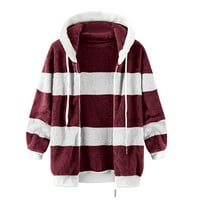 Tking modni ženski jesen i zimski ležerni dugi rukav labav plišani prugasti špricki jakna s kapuljačom toplim kaputom Sherpa kaput crvena 3xl