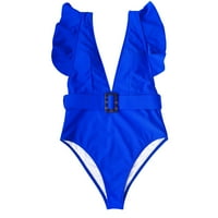 Tking Fashion Women kupaći kupaći kostimi od pune boje ruffled v-izrez traka tanka jednodijelno kupaće