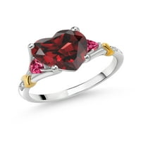 Gem Stone King 4. CT Oblik srca Red Garnet Pink Tourmaline Srebrni i 10k žuti zlatni dijamantni prsten