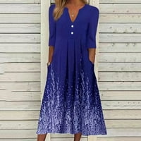 Ljetne haljine za žene tiskane V-izrez A-line srednje dužine casual rukava kraljevska plava s