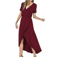 Yuwull Womens haljine za žene za ženu Modna žena V-izrez kratki rukav čvrsta kauzalna duga haljina vina plaža haljina na klirensu