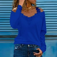 Scyoekwg Trendna odjeća za žene Čvrsta boja V-izrez hladne ramene majice casual labava slatka teen djevojka s dugih rukava vrhovi pada bluze plave s