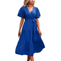 Čvrsta boja V izrez kratkih rukava haljina Ljetne žene Dressy haljine za ženske casual maxi haljina