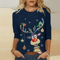 Božićne majice za žene Dressy Casual Novelty Print rukave T-majice Trendy Santa Claus Crewneck Tee Tops Blue XL