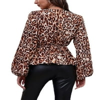Majica s dugim rukavima za žene Elastični struk radom Tee Elegantni plaćeni pulover Leopard Coffee S