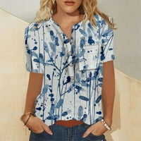 Žene vrhovi Henley casual bluza tiskane žene ljetne majice kratkih rukava plava l
