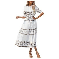 Ljetne haljine za žene tiskane okrugli izrez A-line srednje dužine casual haljina za kratku rukav bijela