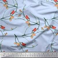 Soimoi Blue Modal Satin Flaring Branch, Cvjetni i Američki Robin Bird Print tkanina od dvorišta