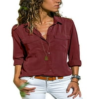 Dame košulje pune boje bluza za bluzu prema dolje na vrhu Žene labave tee radne tuničke košulje vino