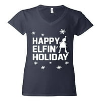 Happy Elfin Holiday ružni božićni džemper ženski vući V-izrez Tee, mornarsko, x-velika
