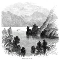 Škotska: Loch Ness, 1868. Nurquhart Dvorac s pogledom na Loch Ness. Graviranje drveta, 1868. Poster