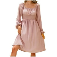 CETHRIO Ljetna casual haljina - casual seksi moda Jednoredni izrez Solid uspon temperament Velika ljuljačka A-line suknja haljina ružičasta