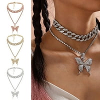 Ženski zapetljive bojlestoveni stil rhinestone leptir privjesak lanac ogrlica nakit legura ružičasta