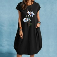 Proljetne haljine za žene Cvijeće Štampano labavi kratki rukav okrugli vrat sa džepom pamučne posteljine