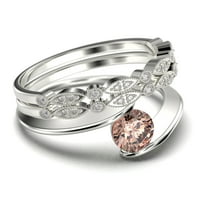 Solitaire Carat Round Morgatite Jedinstveni zaručni prsten, dva vjenčana prstena za udubljenje u srebru u srebru sa 18k bijelim zlatnim opsegom, poklon za nju, obećanje, obdarni prsten