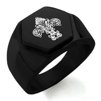 Nehrđajući čelik Royal Fleur de Lis ugravirani šesterokutni Crest Flat Top Biker stil polirani prsten