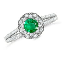 Carat 14k bijeli zlatni okrugli smaragdni i dijamantski cvjetni zaručnički prsten za žene
