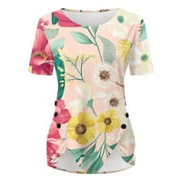 Hanas vrhovi za žene ljetne trendi majice, klasične kratke rukav okrugle izreze, ležerne cvijeće gumb
