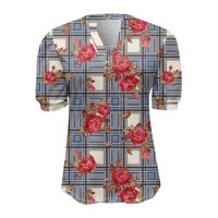 Žene Ležerne prilike V izrez Summer Puff Kratki rukav Boho cvjetni ispisani labavi bluza od tunika Dame