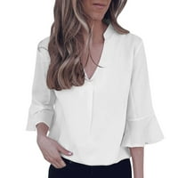 Ealoyy Chiffon majice za ženske svilene košulje s dugim rukavima Vruće V izrez Šifon bluze Ruckel V