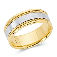 WelingIle 14K dva tona bijela i žuto zlato Polirano satenski konop dizajn Comfort Fit Fit Wedding Band prsten - Veličina 11