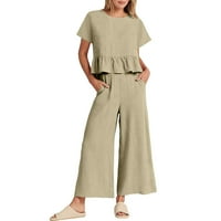 Outfit Booker za žene Ljeto kratki rukav gornji dijelovi širokih hlača za noge set kaki poliester pamuk