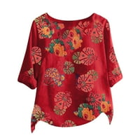 Žene Ljeto Jesen okrugli vrat kratki rukav cvjetni print casual vintage t majice crveno