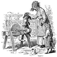 Harris: Ujak Remus, 1895. Nbrer zec uhvaćen gospođicom FO i postavljen na grindston. Crtež olovke i