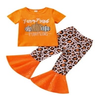 Djevojke narančasto slovo Pumpkin tisak majica + leopard ispis pantalone