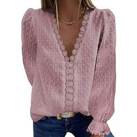 Moonker Womens Works Tops Boja majica TOP čipkaste ružičasti ružičasti ružičasti V-izrez čvrst