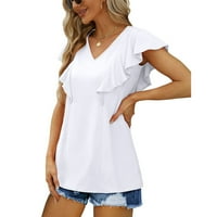 Ženski vrhovi modni ljetni ruffle rukavac V izrez T majice Ležerne prilike labave boje Žene bijele m