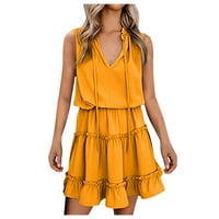 Ženska suknja v Ženska ljetna ženska ljetna V-izrez modna ruka bez rukava haljina žuta