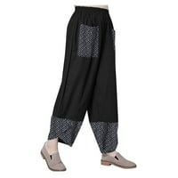 Žene Ležerne prilike pamučne posteljine patchwork neregularne hlače sa širokim nogama Black XL