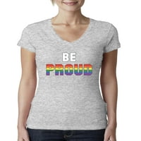 Budite ponosni Rainbow LGBT ponos ženski junior fit v-izrez, heather siva, mala