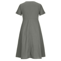 Ersazi Modni ženski ljetni casual V-izrez čvrsti kratki rukav džep džep pamučni posteljina haljina maturalne haljine za tinejdžere 4- sive s