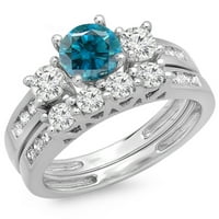 1. Carat 10k bijelo zlato okruglo plavo i bijelo Dijamantni ženski prsten za kamenu za brisanje sa odgovarajućim