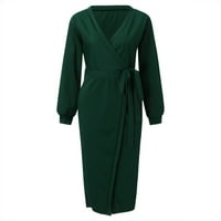Ženske haljine Ženski elegantni čvrsti V izrez dugih rukava pletene džemper haljine za žene zelena l