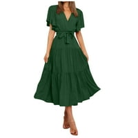 Ljetne haljine za žene kratki rukav Srednja dužina Seksi A-line pune haljine na plaži s V-izrezom zelena