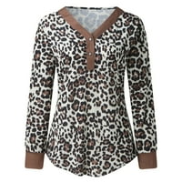 Ženske majice s dugim rukavima V CAT DRECT Henley Camo Leopard Ležerne prilike, labavo bluza Žene na
