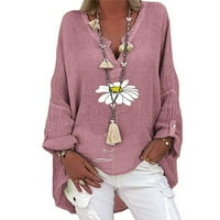 Bazyrey Womens Ljetni vrhovi cvjetna tiskana bluza Henley casual dugih rukava plus veličina duga cvjetna