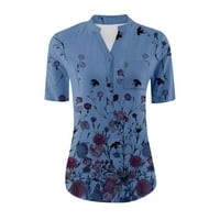 Žene ljetne vrhove bluza Žene kratki rukav Ležerne prilike cvjetne V-izrez plave s