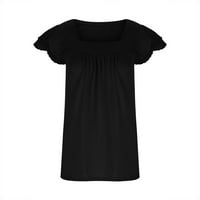 Pejock Žene Ljetne vrhove Majica Square-izrez Solid Boja Dvoslojna čipka kratkih rukava Top bluza Crna