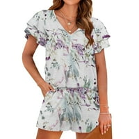 Ženska casual odijelo Outfit V izrez Bluza TrackSit cvjetni print kratkih rukava izvlačenja vrhova ljeto set majica za latice s kratkim ljubičastom m
