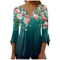 Ženski vrhovi Ljetni casual s kratkih rukava V-izrez labav cvjetna bluza T-majice zelena xl