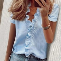 Bicoasu Womens Tops, modni temperamentni gumb V-izrez rukava za blube Ležerne majica Plava 5xl