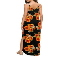 Luxplum žene Maxi haljine V izrez duga haljina od pune boje suvremena na plaži crni suncokret xl