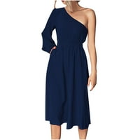 Boho haljina za žene haljina za sunčanje jedno rame dugih rukava od punog plavog m