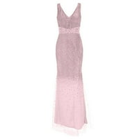 Women Plus Veličina čišćenje Ženska moda V-izrez Split vilica mala repa dugačka haljina PARY Full haljina ružičasta