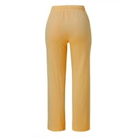 Iopqo ženske casual pantalone, povremene pamučne i posteljine čvrste vuče elastične struke duge ravne hlače žute m