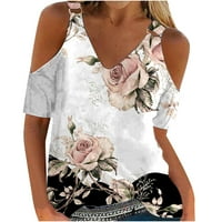 pbnbp ženski casual vintage cvjetni hladno ramene majice kratkih rukava za mršavljenje V rect t majice